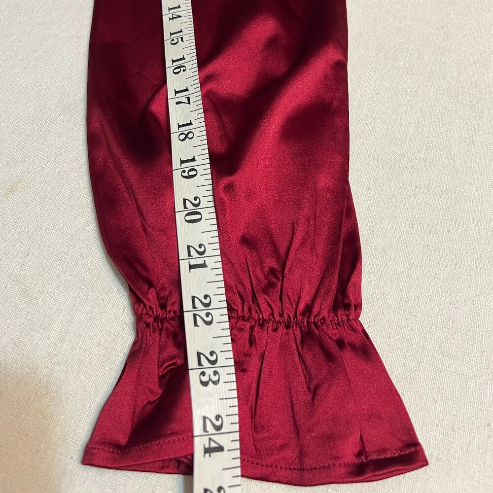 Belle Poque Burgundy Satin Cowl Neck Blouse Women L Tie Back Long Sleeve Office - Picture 8 of 9